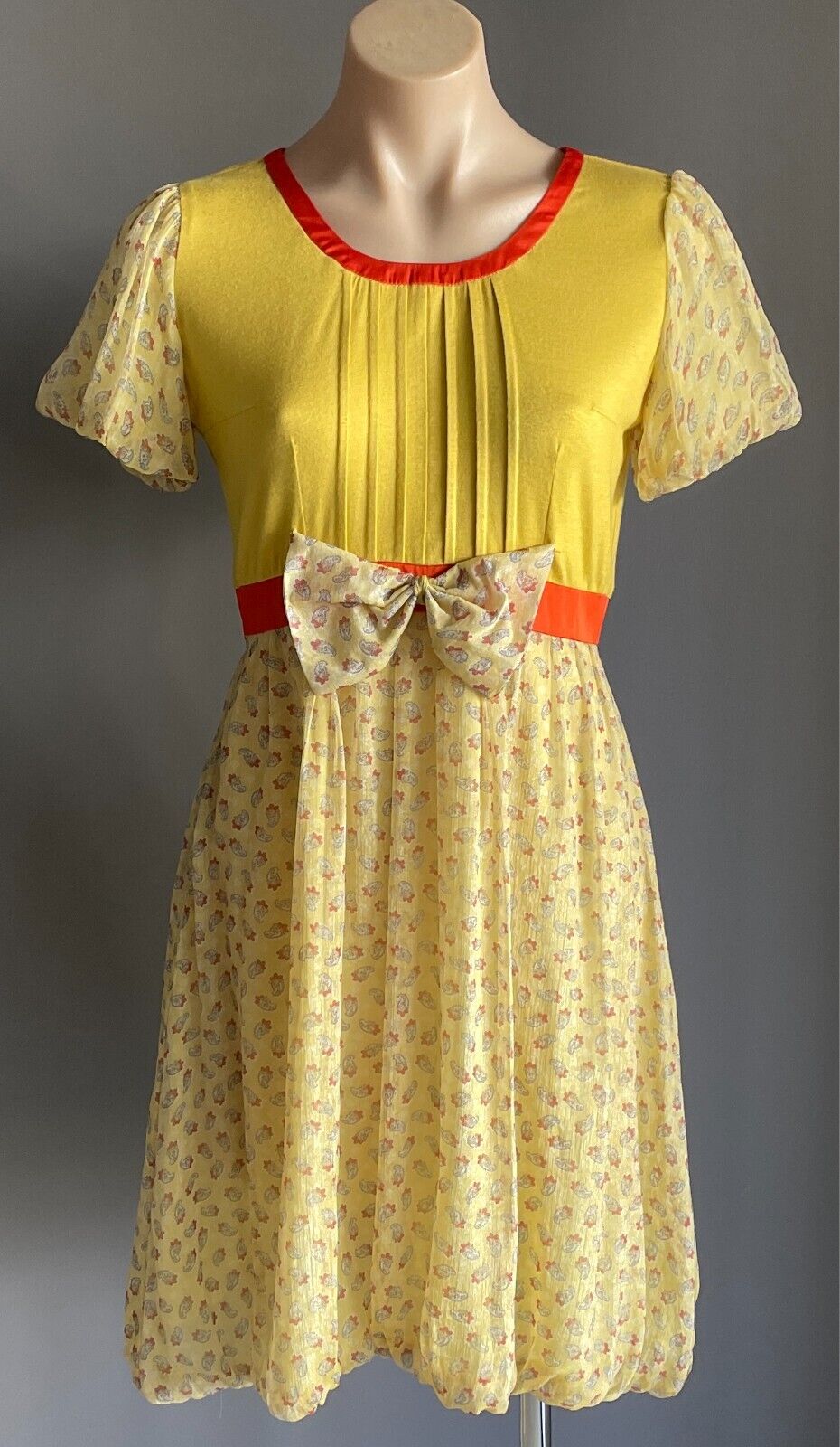 COBILAA Silk Dress with Bow Yellow Orange Trim Size EUR 38 AU 10 Bubble Hem NEW
