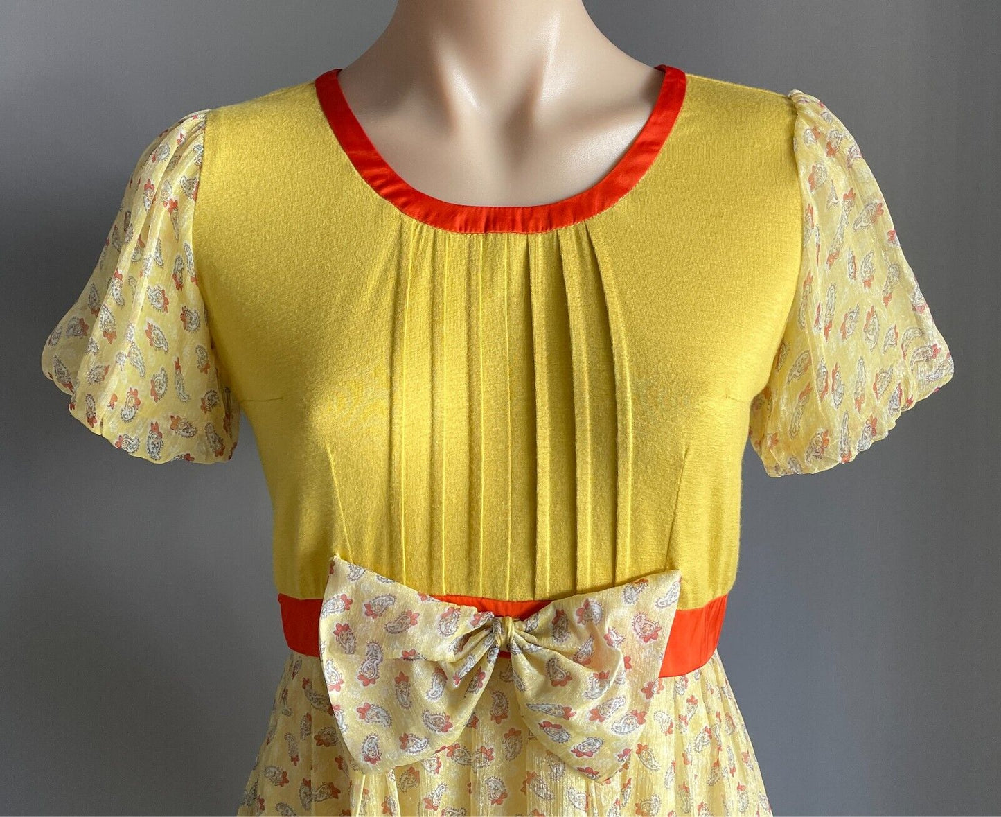COBILAA Silk Dress with Bow Yellow Orange Trim Size EUR 38 AU 10 Bubble Hem NEW