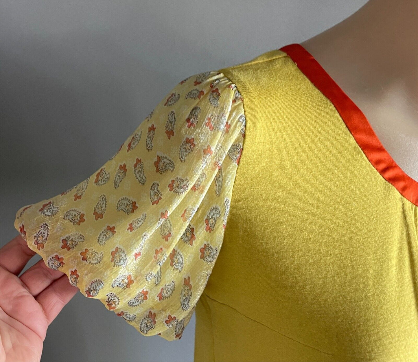 COBILAA Silk Dress with Bow Yellow Orange Trim Size EUR 38 AU 10 Bubble Hem NEW