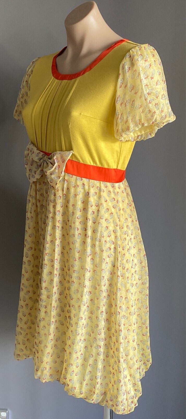 COBILAA Silk Dress with Bow Yellow Orange Trim Size EUR 38 AU 10 Bubble Hem NEW