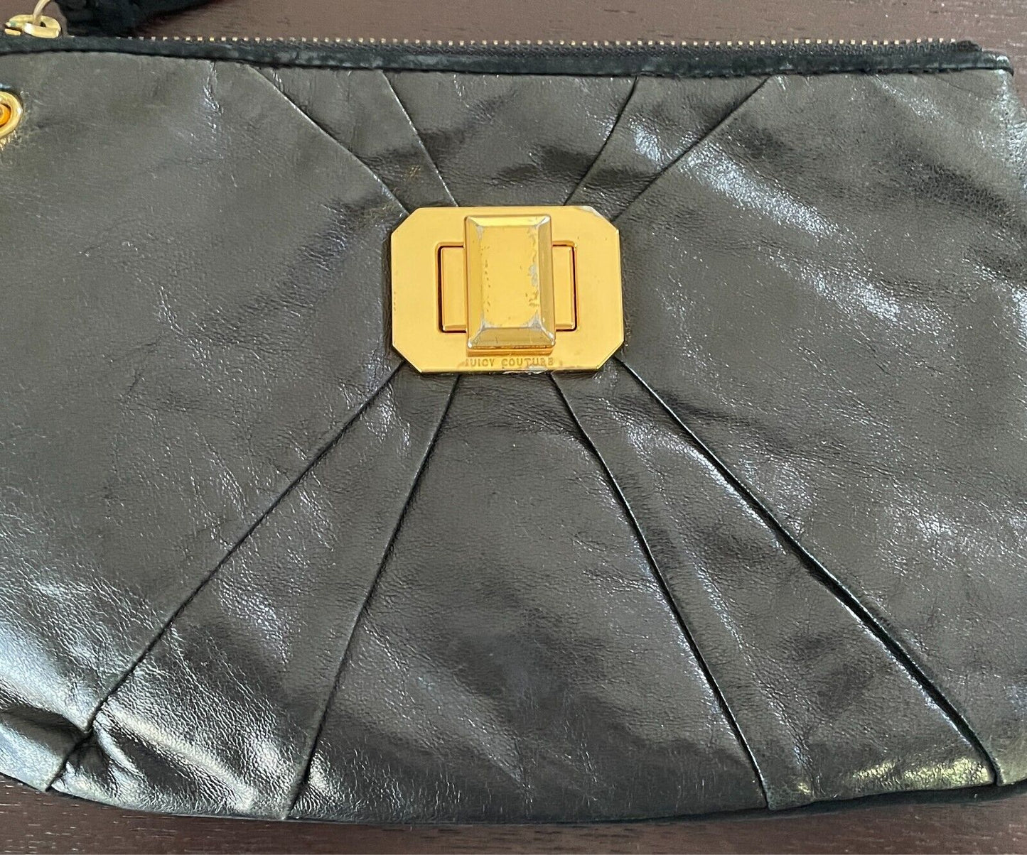 JUICY COUTURE Black Leather Wristlet Wallet Clutch Bag Gold Tone Hardware