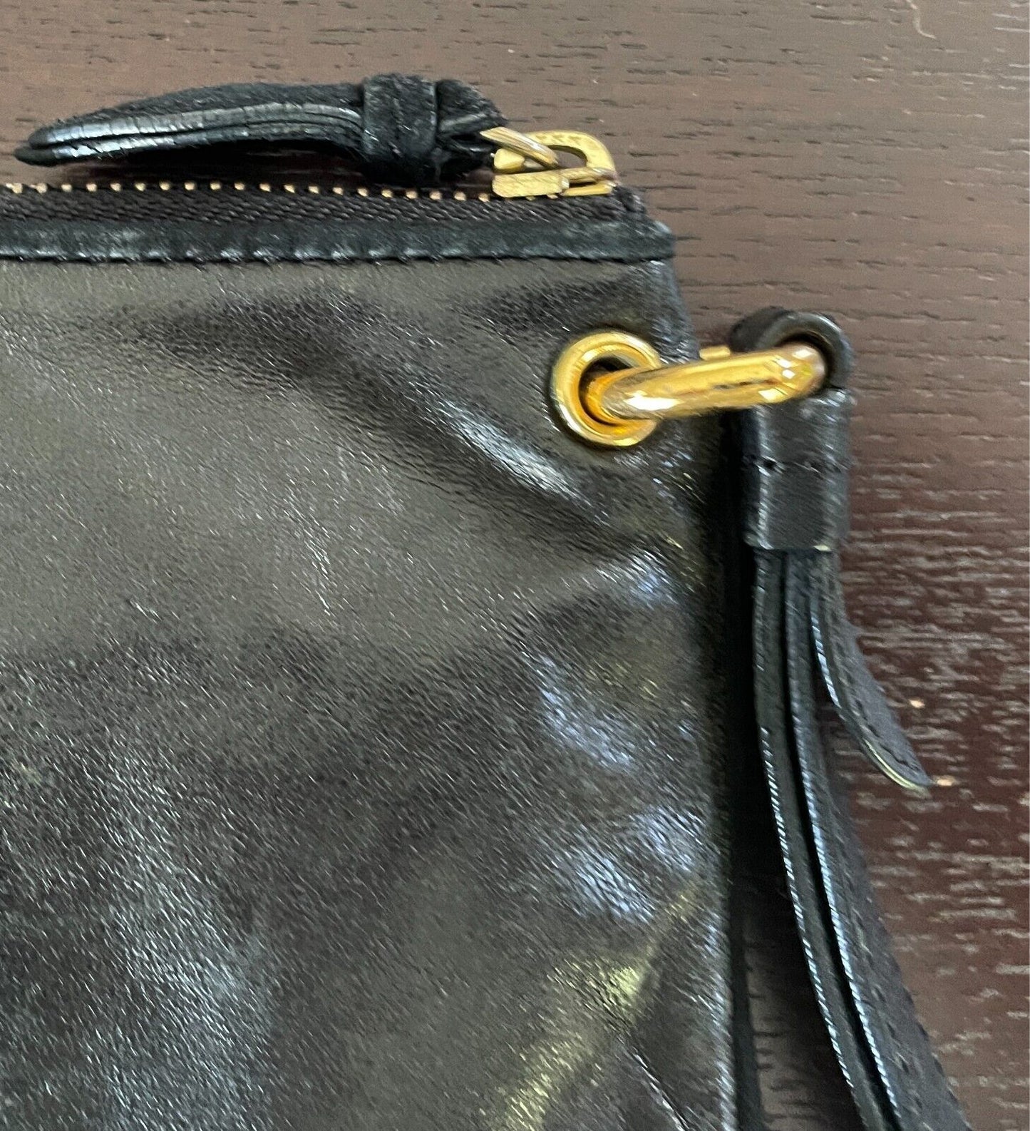 JUICY COUTURE Black Leather Wristlet Wallet Clutch Bag Gold Tone Hardware