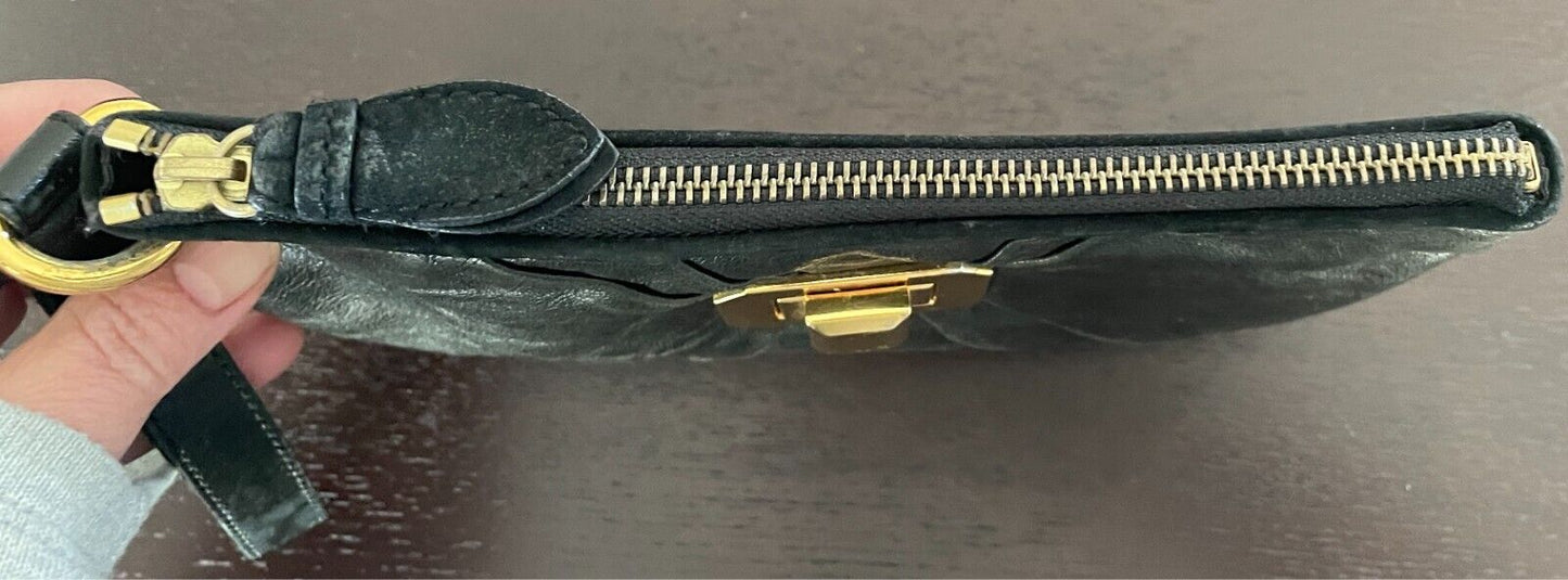 JUICY COUTURE Black Leather Wristlet Wallet Clutch Bag Gold Tone Hardware