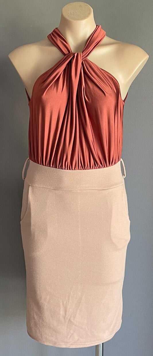 GOSSIP Russet & Beige Dress Size 10 Twist Halter Neck Sleeveless Stretch