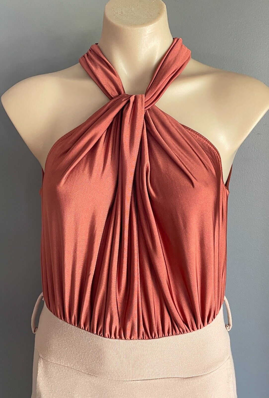 GOSSIP Russet & Beige Dress Size 10 Twist Halter Neck Sleeveless Stretch