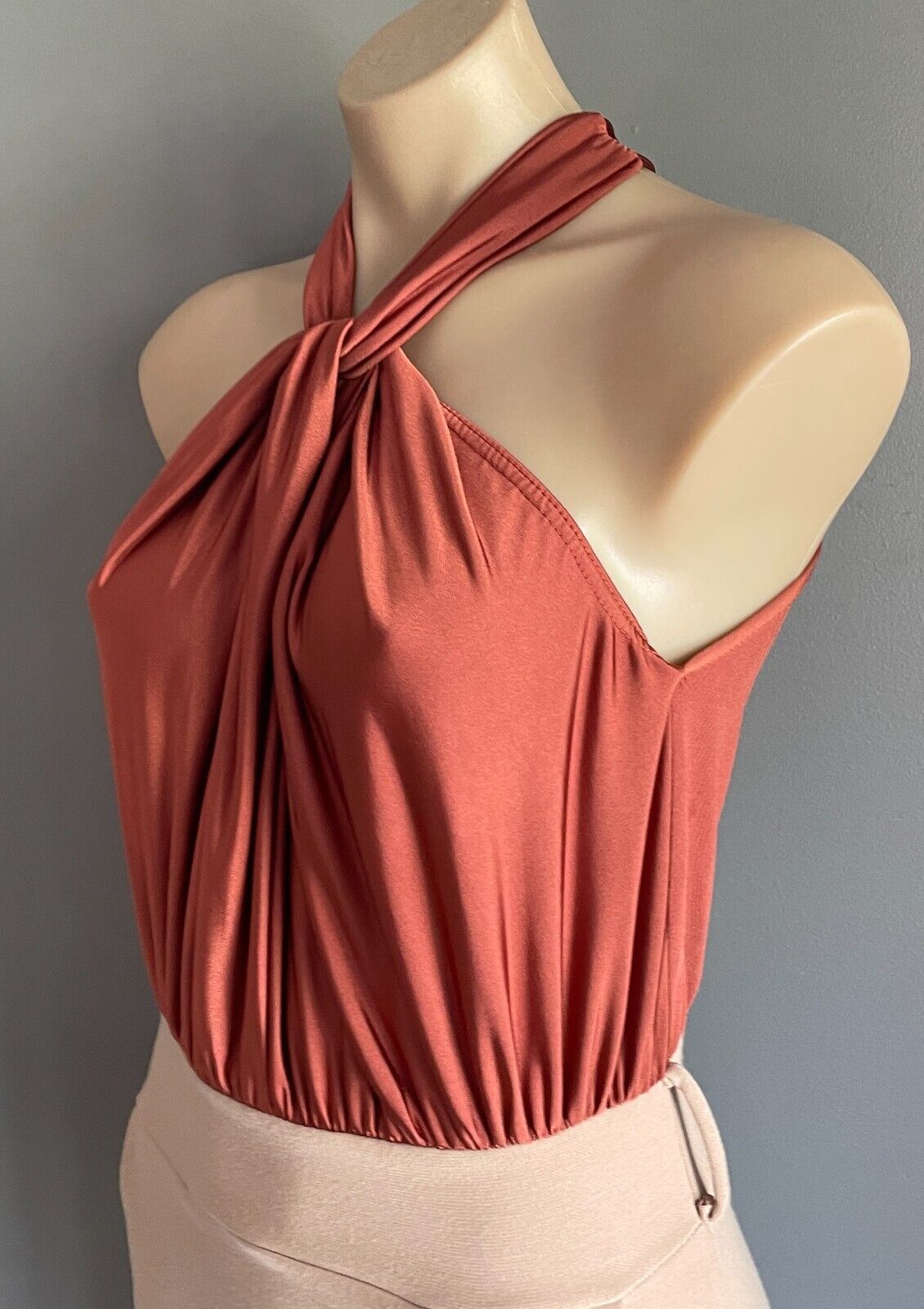 GOSSIP Russet & Beige Dress Size 10 Twist Halter Neck Sleeveless Stretch