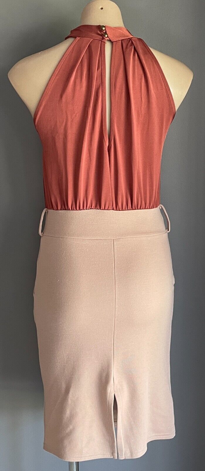 GOSSIP Russet & Beige Dress Size 10 Twist Halter Neck Sleeveless Stretch
