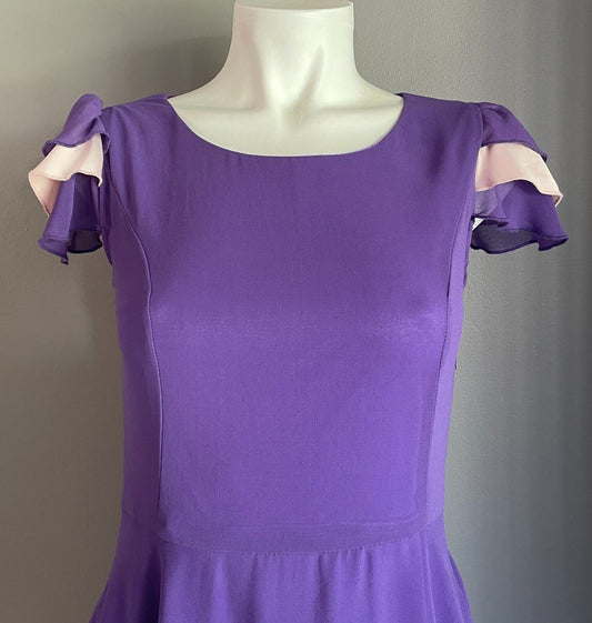 MEMORYME Purple Sheath Dress Cap Sleeves Short Length Lace Trim Hem Size S 8 NEW