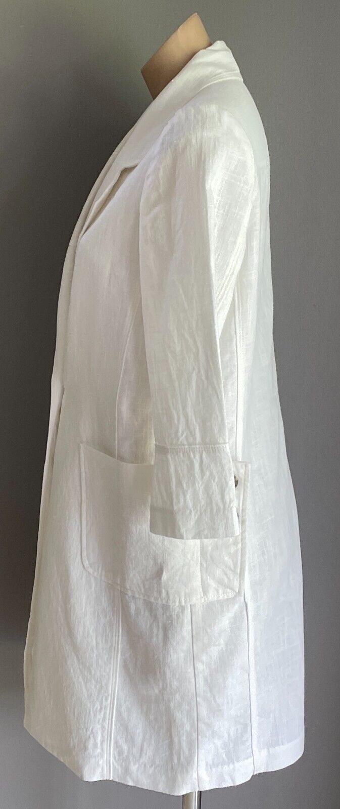 BENNY BLUE  White 3/4 Sleeve Long Coat Jacket Unlined Size 14 Pockets 1 Button