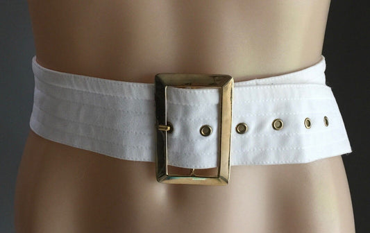 Vintage White Fabric Gold Buckle Belt Size 14 To fit Waist 79 - 92cm 5.5cm wide
