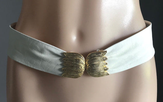 Vintage CARLO White Leather Belt w Decorative Gold Clasp Ladies Size XL
