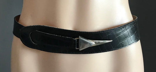 Vintage LEATHER BELT Black Croc Print w Silver & Gold Clasp Ladies Size 8 - 10
