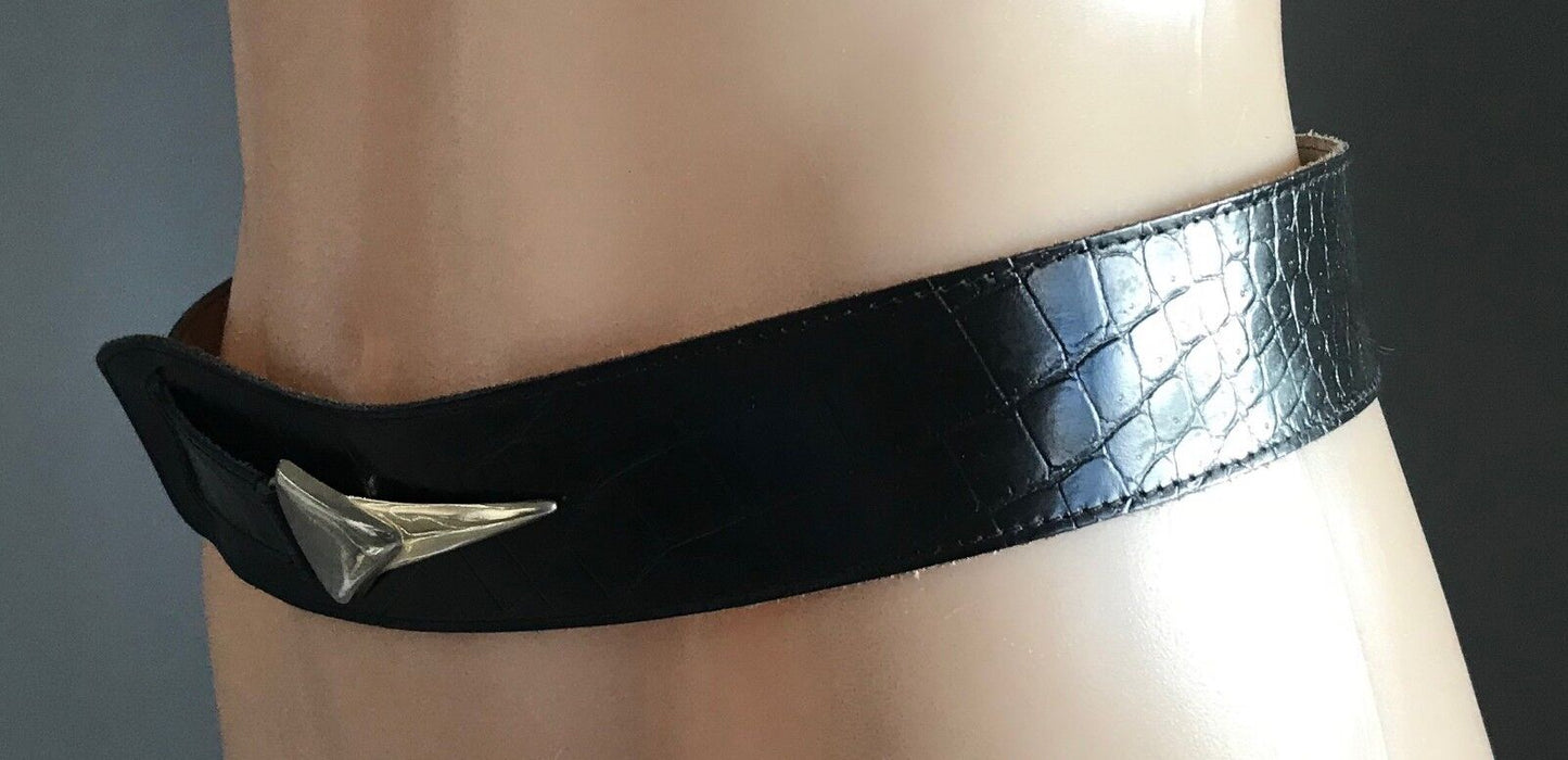 Vintage LEATHER BELT Black Croc Print w Silver & Gold Clasp Ladies Size 8 - 10