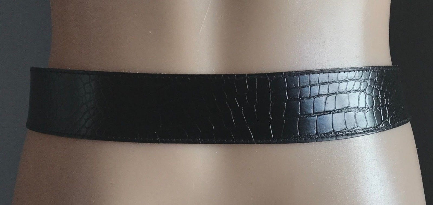 Vintage LEATHER BELT Black Croc Print w Silver & Gold Clasp Ladies Size 8 - 10