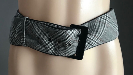Vtg New 6cm Belt Grey Black Brown Thick Tweed Fabric Lined Black Buckle Sz 10 12
