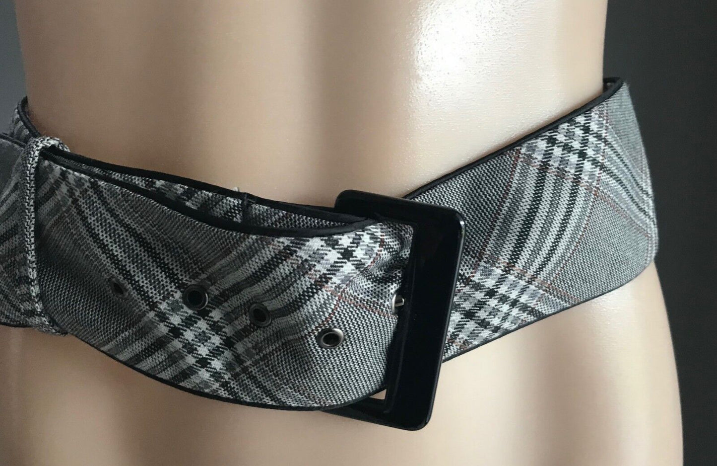 Vtg New 6cm Belt Grey Black Brown Thick Tweed Fabric Lined Black Buckle Sz 10 12