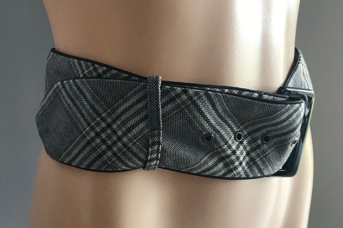 Vtg New 6cm Belt Grey Black Brown Thick Tweed Fabric Lined Black Buckle Sz 10 12