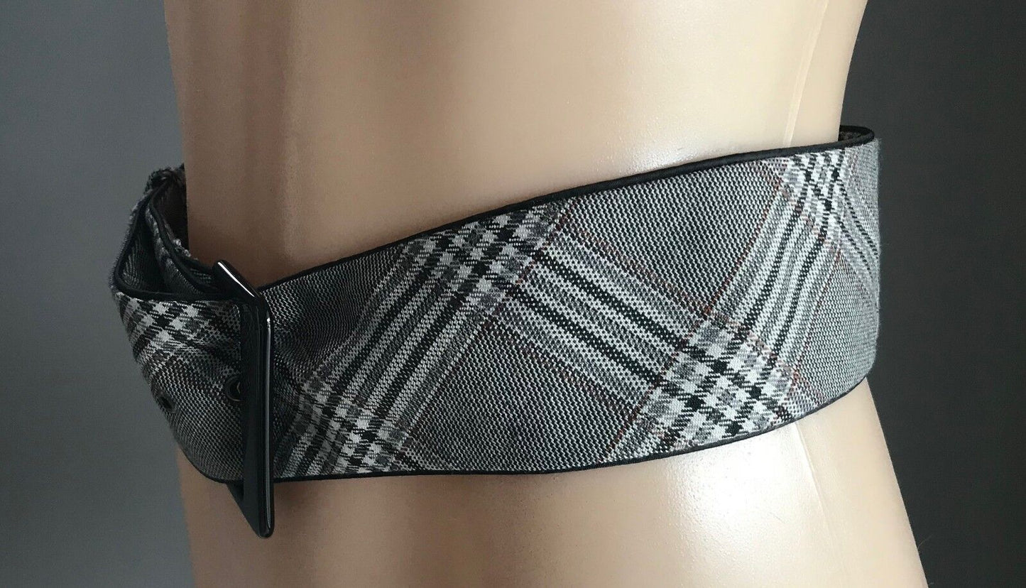 Vtg New 6cm Belt Grey Black Brown Thick Tweed Fabric Lined Black Buckle Sz 10 12
