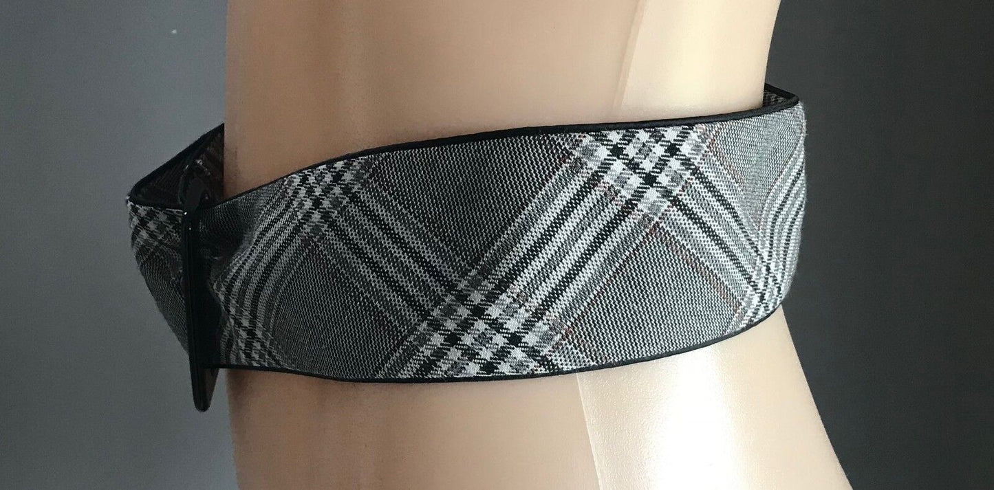 Vtg New 6cm Belt Grey Black Brown Thick Tweed Fabric Lined Black Buckle Sz 10 12