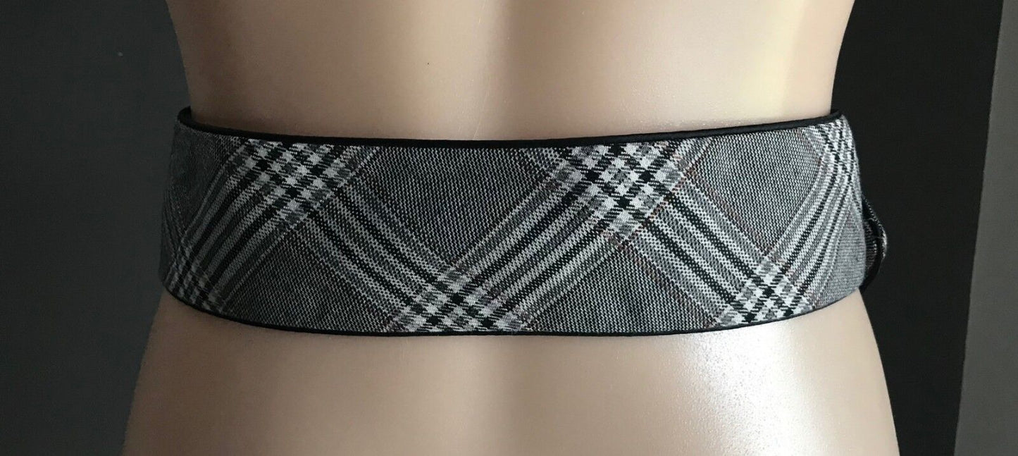 Vtg New 6cm Belt Grey Black Brown Thick Tweed Fabric Lined Black Buckle Sz 10 12