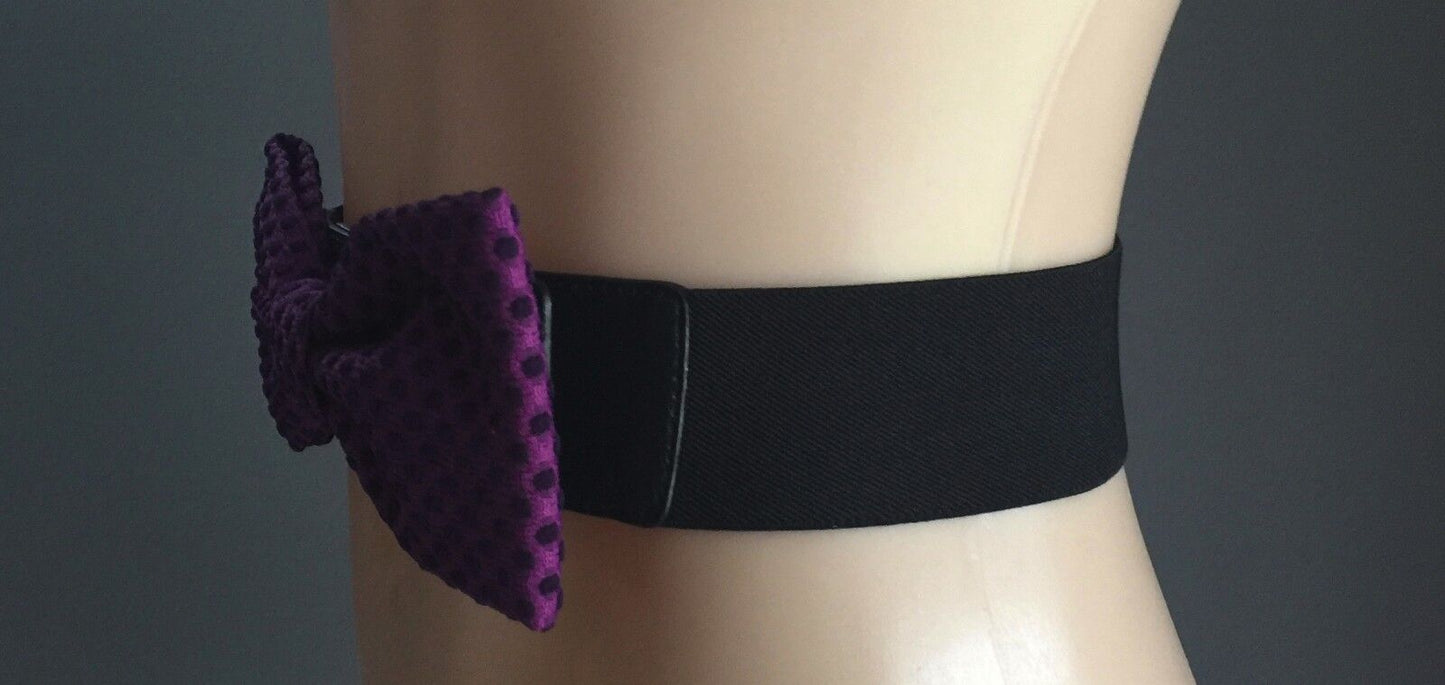 Retro 5.5cm BELT Purple Polka Dot Bow Black ElasticThick Ladies Size 10 16