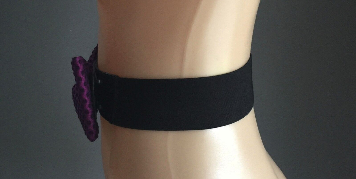 Retro 5.5cm BELT Purple Polka Dot Bow Black ElasticThick Ladies Size 10 16