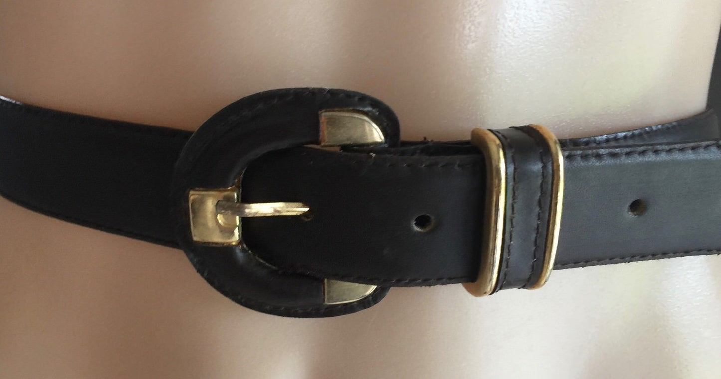 Vintage Brown CARLO Leather Belt w Gold Trim Ladies Size M 12 90.5 cm - 3cm Wide