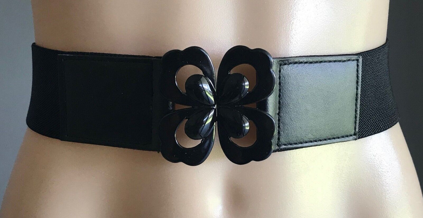 Vintage Wide 5cm Belt Black Elastic  w Black Metal Butterfly Clasp Size 8 - 10