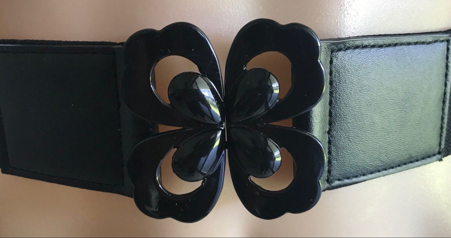 Vintage Wide 5cm Belt Black Elastic  w Black Metal Butterfly Clasp Size 8 - 10
