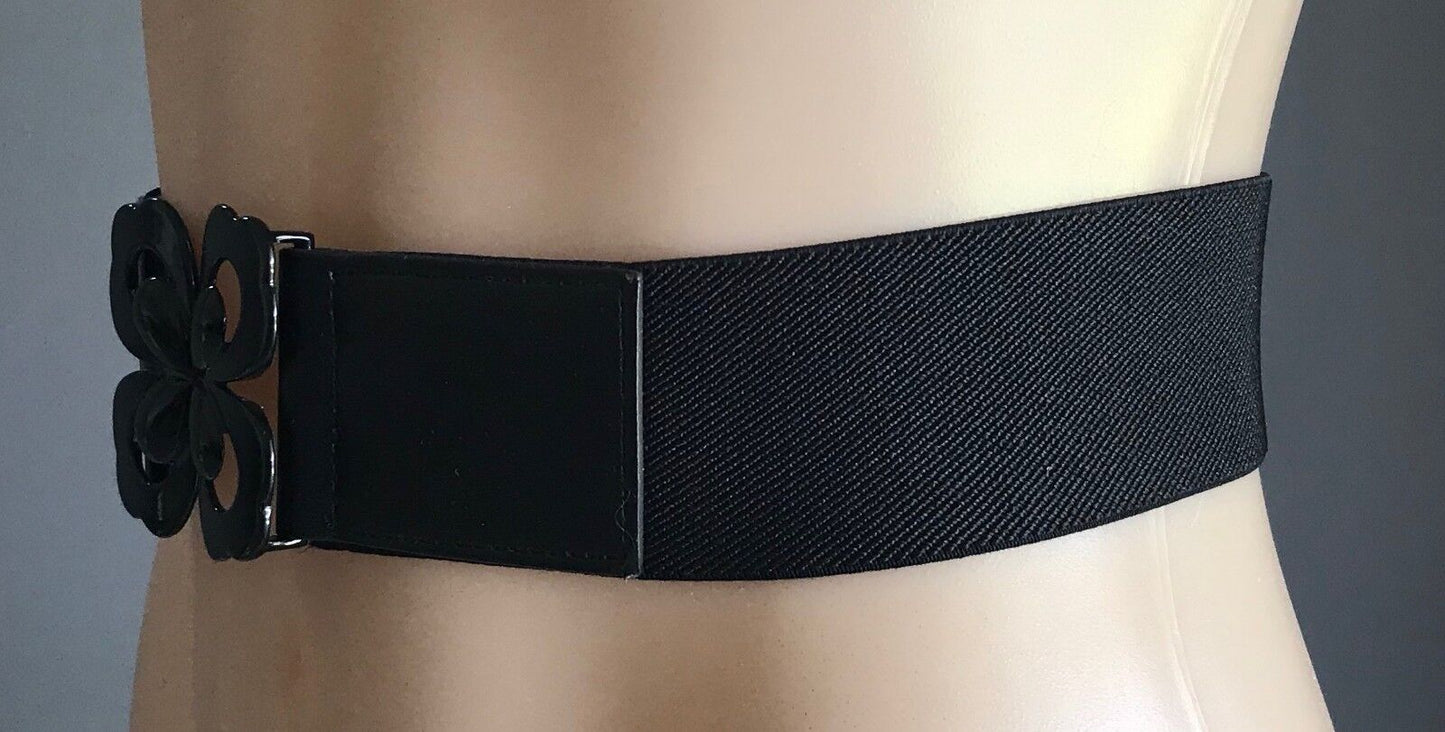 Vintage Wide 5cm Belt Black Elastic  w Black Metal Butterfly Clasp Size 8 - 10