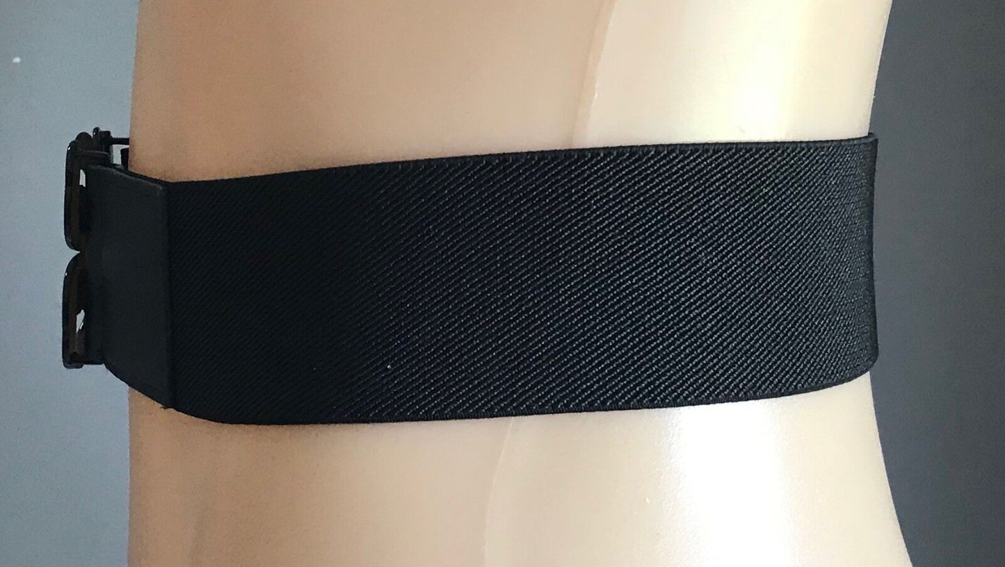 Vintage Wide 5cm Belt Black Elastic  w Black Metal Butterfly Clasp Size 8 - 10