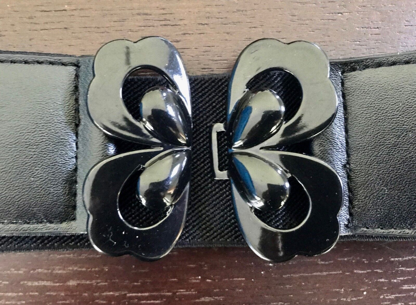 Vintage Wide 5cm Belt Black Elastic  w Black Metal Butterfly Clasp Size 8 - 10