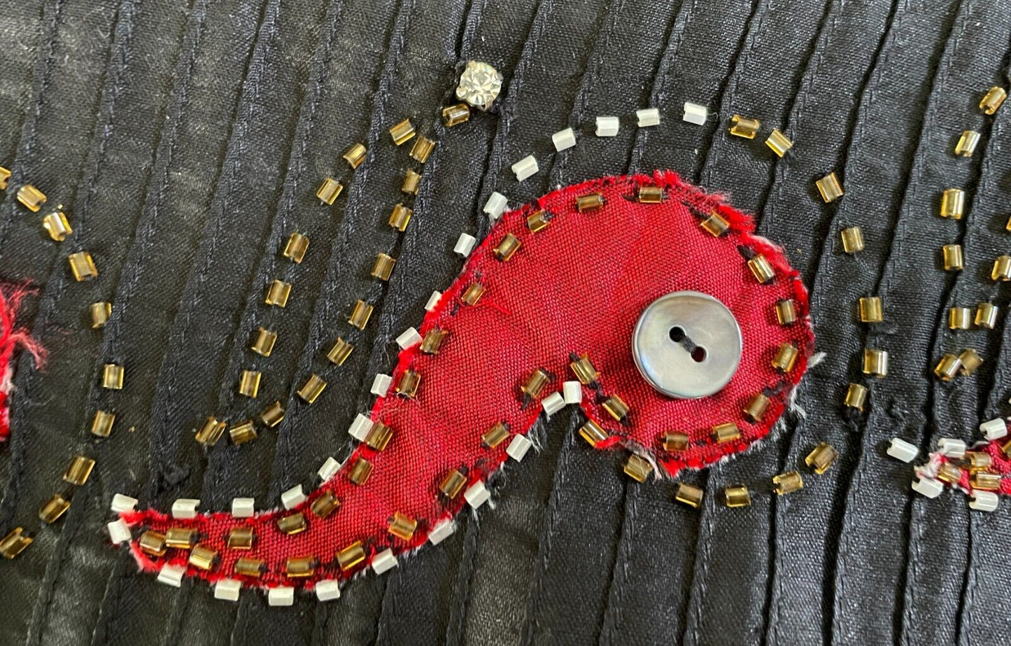 Vintage Unique Handmade Black & Red Tie Belt with Bead & Button Embellishments