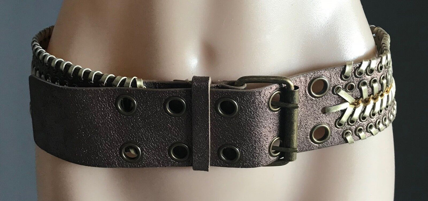 Vintage 6cm Wide Leather Belt "Crackled" Bronze & Gold Eyelet Trim Size 10 - 12