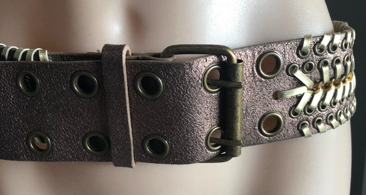 Vintage 6cm Wide Leather Belt "Crackled" Bronze & Gold Eyelet Trim Size 10 - 12