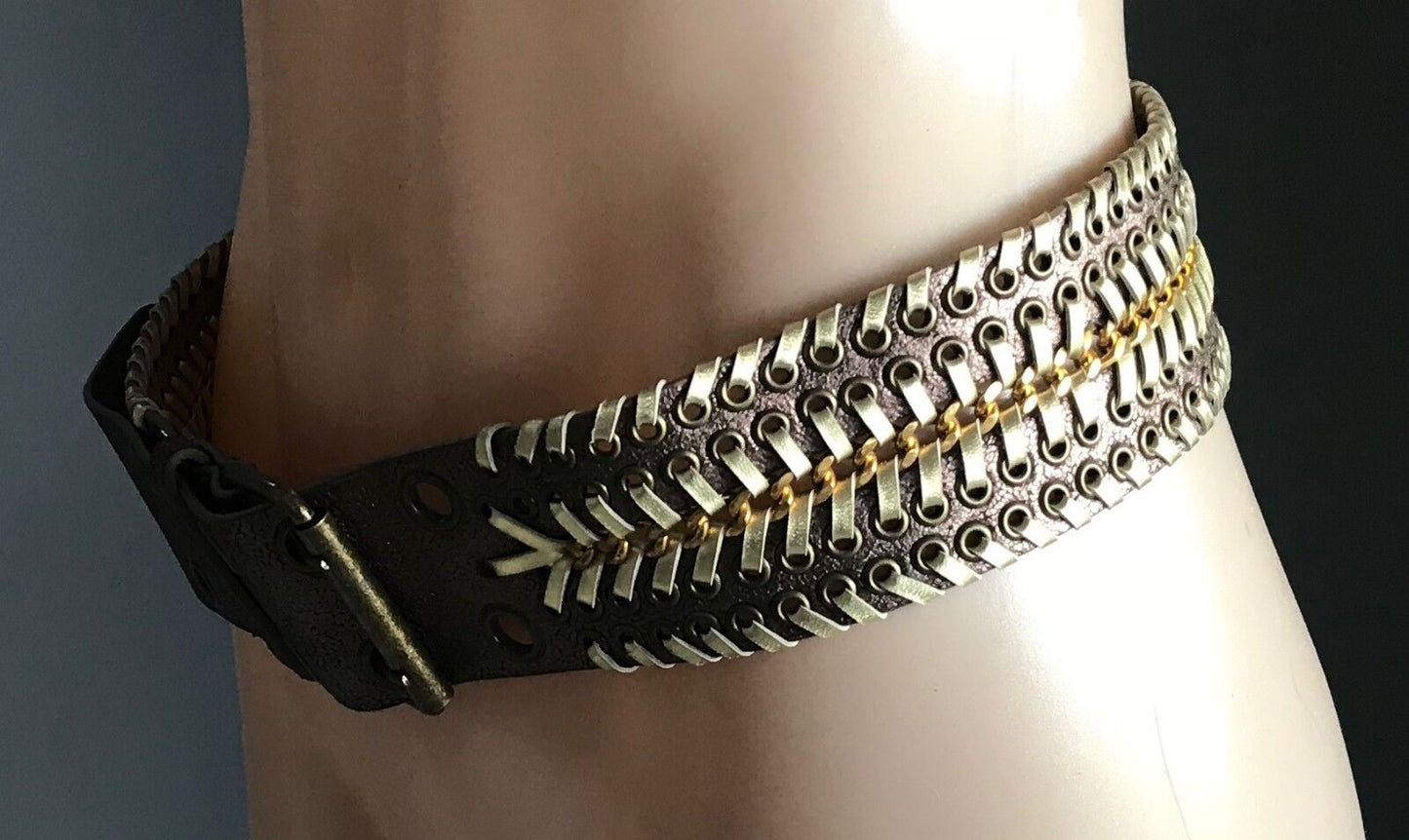 Vintage 6cm Wide Leather Belt "Crackled" Bronze & Gold Eyelet Trim Size 10 - 12