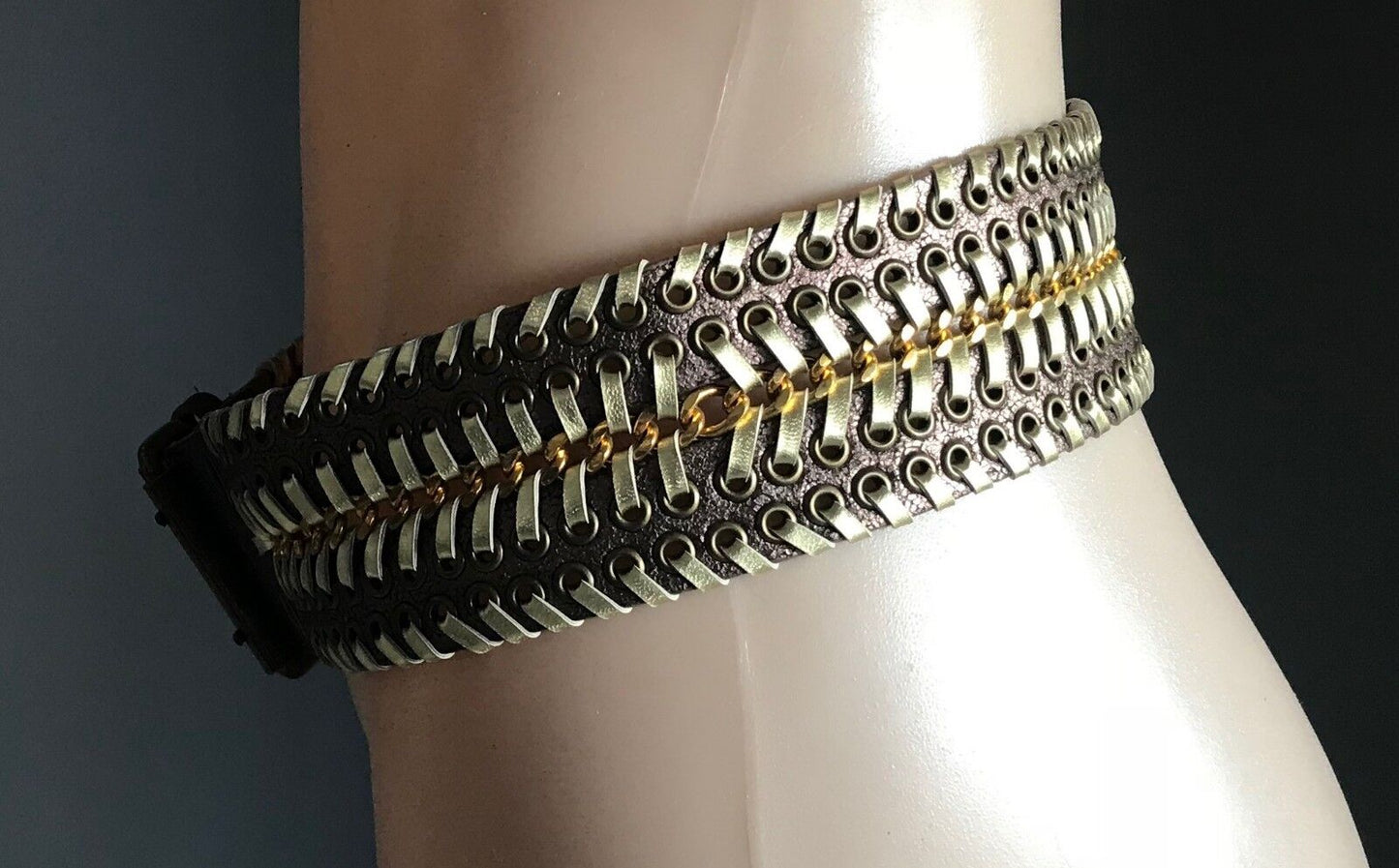 Vintage 6cm Wide Leather Belt "Crackled" Bronze & Gold Eyelet Trim Size 10 - 12