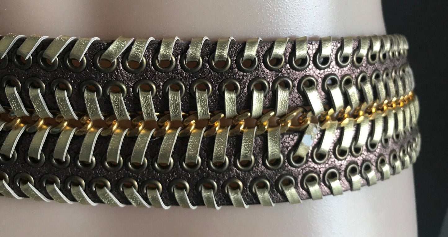 Vintage 6cm Wide Leather Belt "Crackled" Bronze & Gold Eyelet Trim Size 10 - 12