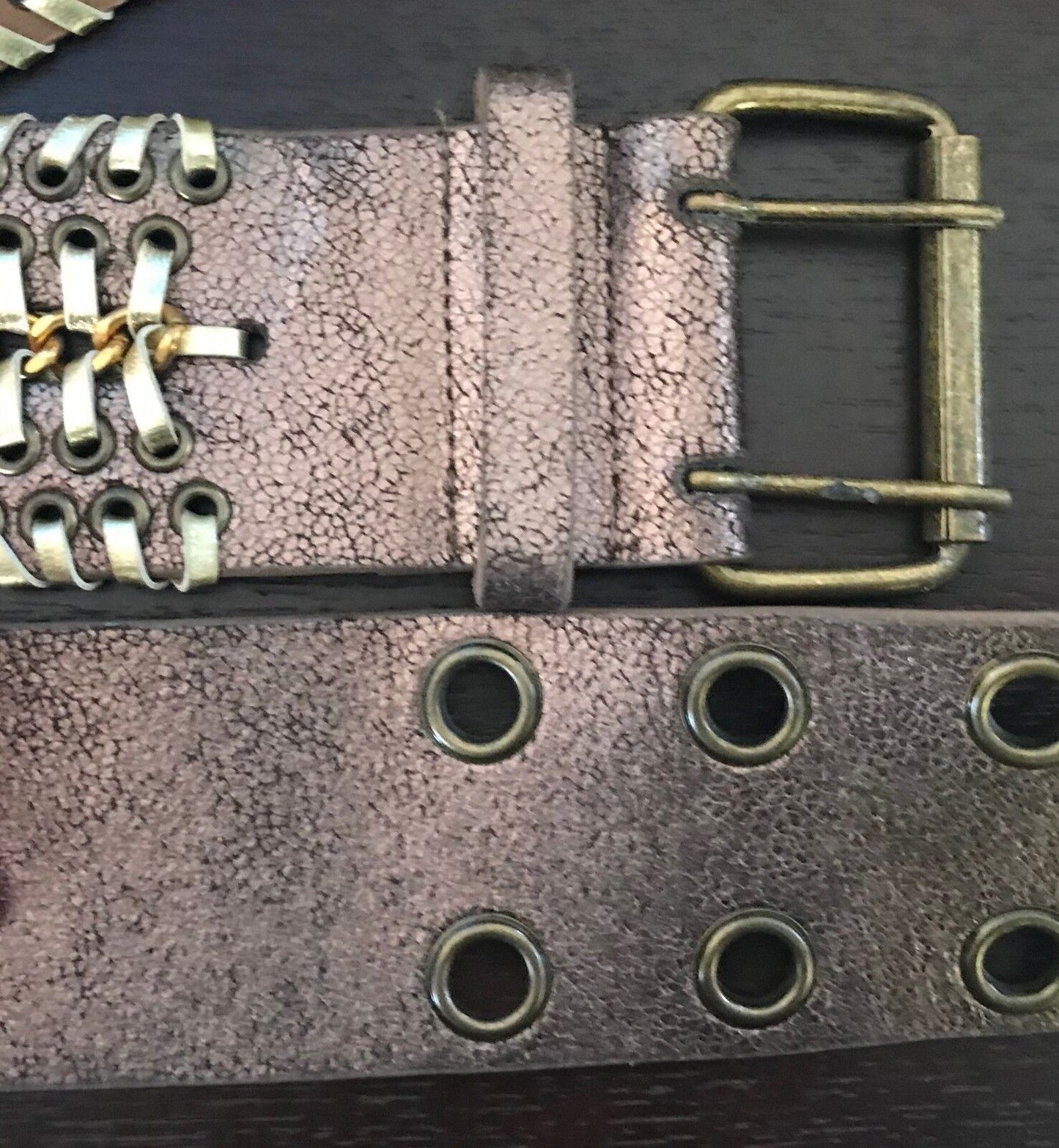Vintage 6cm Wide Leather Belt "Crackled" Bronze & Gold Eyelet Trim Size 10 - 12