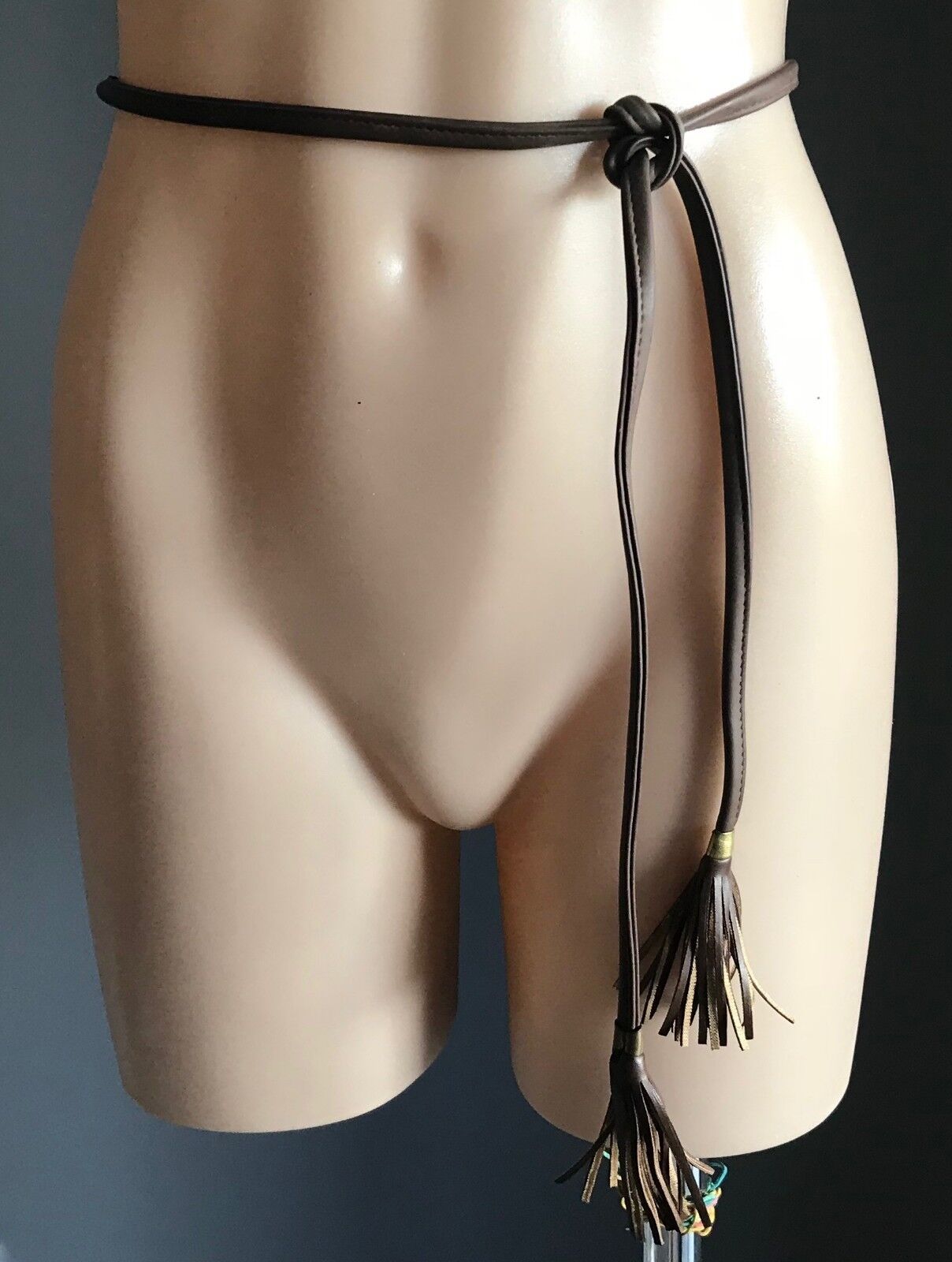 Boho Tie Belt 1cm Brown Pleather Thin w Tassel Trim Gold Tone Metal Size 8 - 12