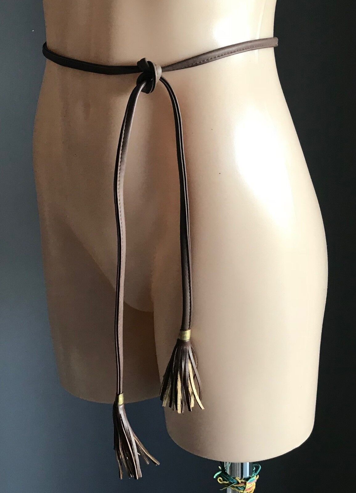 Boho Tie Belt 1cm Brown Pleather Thin w Tassel Trim Gold Tone Metal Size 8 - 12