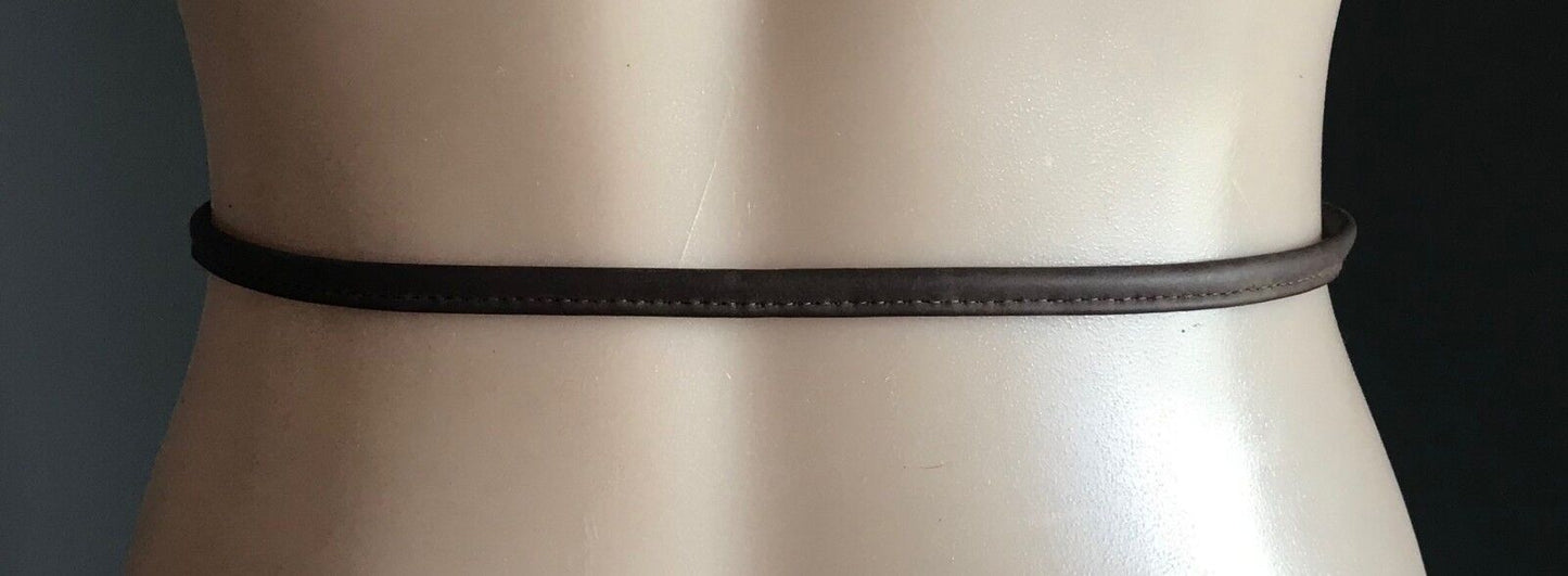 Boho Tie Belt 1cm Brown Pleather Thin w Tassel Trim Gold Tone Metal Size 8 - 12