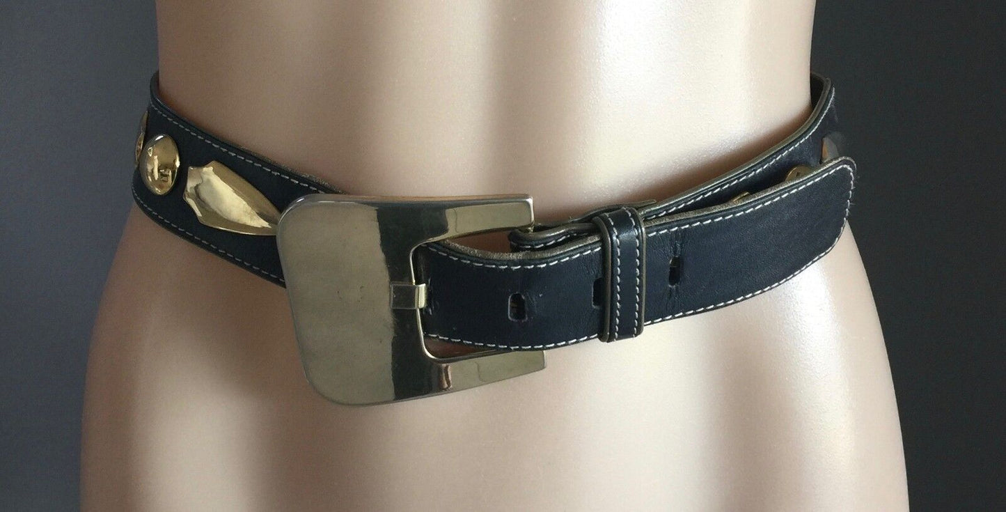 Vintage ESCADA 4cm W Black Leather Belt Large Gold Buckle Size 40 10 12  1990s