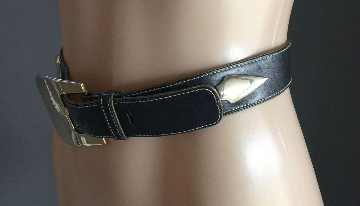 Vintage ESCADA 4cm W Black Leather Belt Large Gold Buckle Size 40 10 12  1990s