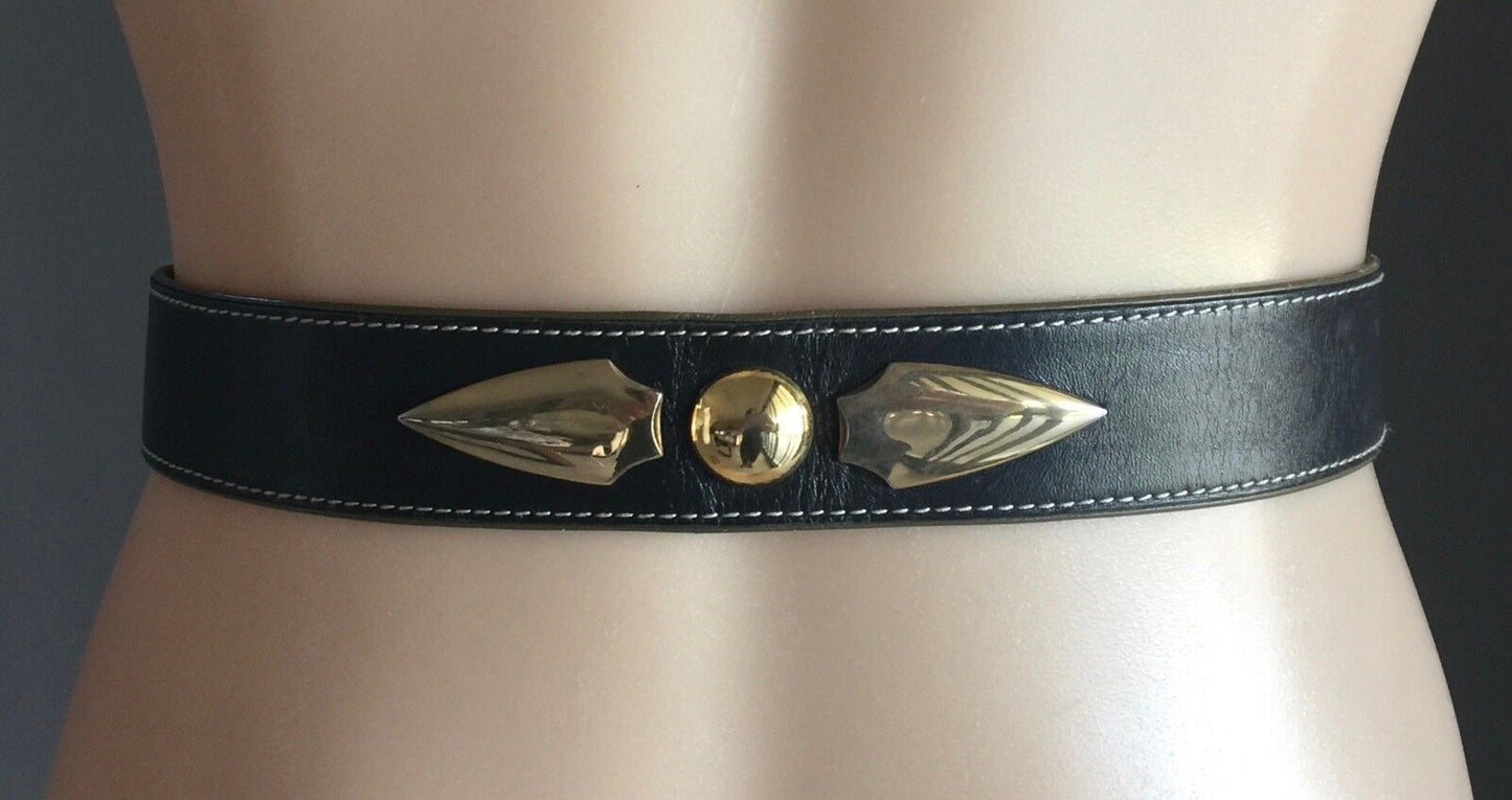 Vintage ESCADA 4cm W Black Leather Belt Large Gold Buckle Size 40 10 12  1990s
