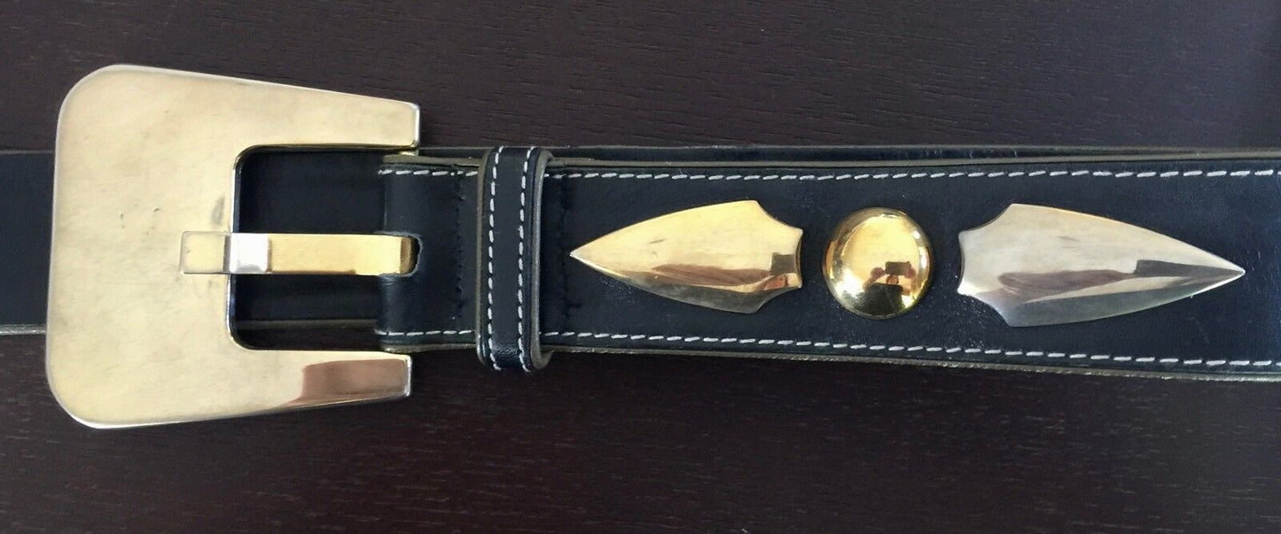 Vintage ESCADA 4cm W Black Leather Belt Large Gold Buckle Size 40 10 12  1990s