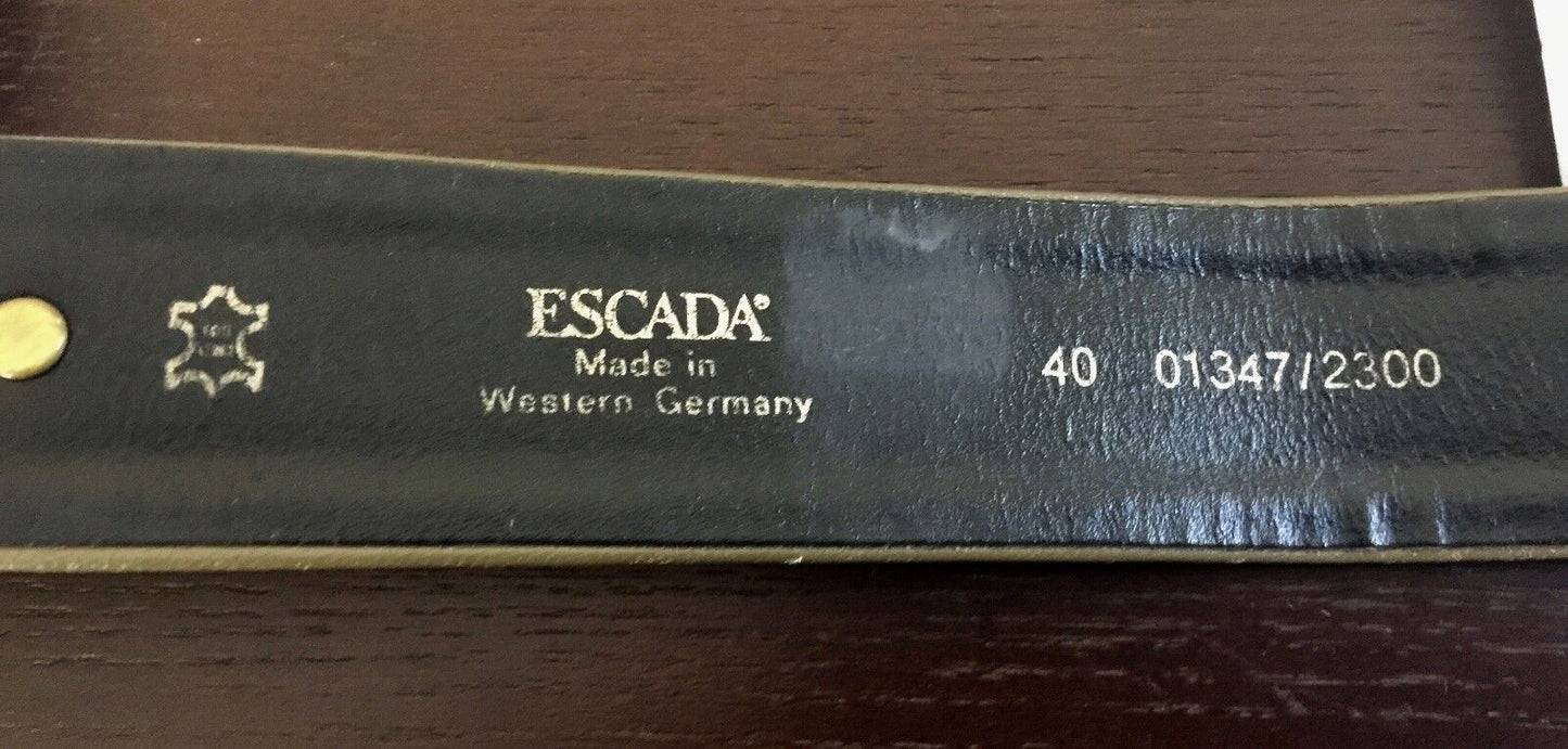 Vintage ESCADA 4cm W Black Leather Belt Large Gold Buckle Size 40 10 12  1990s