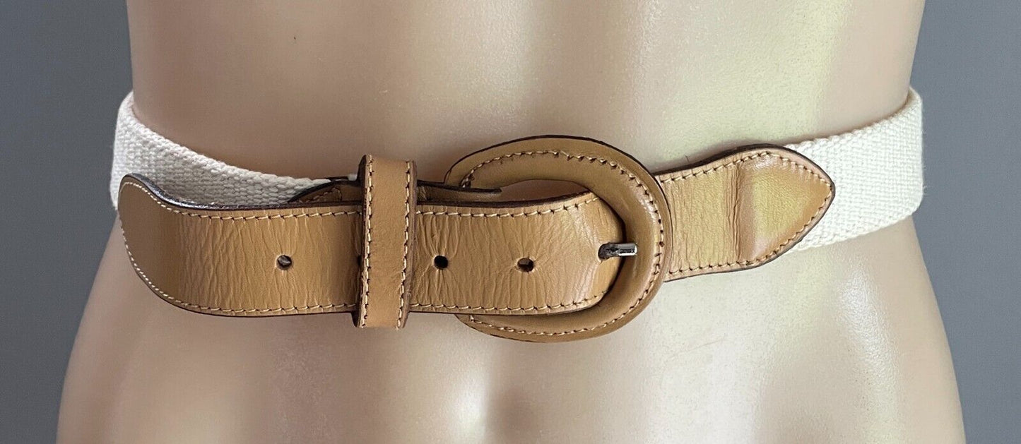 Tan Pleather Off White Canvas Belt  Fit Waist 70 - 78cm 3cm Wide