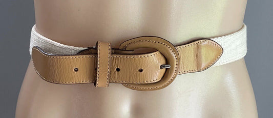 Tan Pleather Off White Canvas Belt  Fit Waist 70 - 78cm 3cm Wide