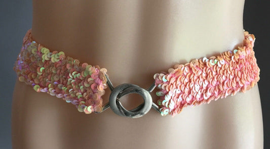 Vintage BELT Light Coral Pink Sequin Elastic Belt Size 14-16 / 4.5cm wide